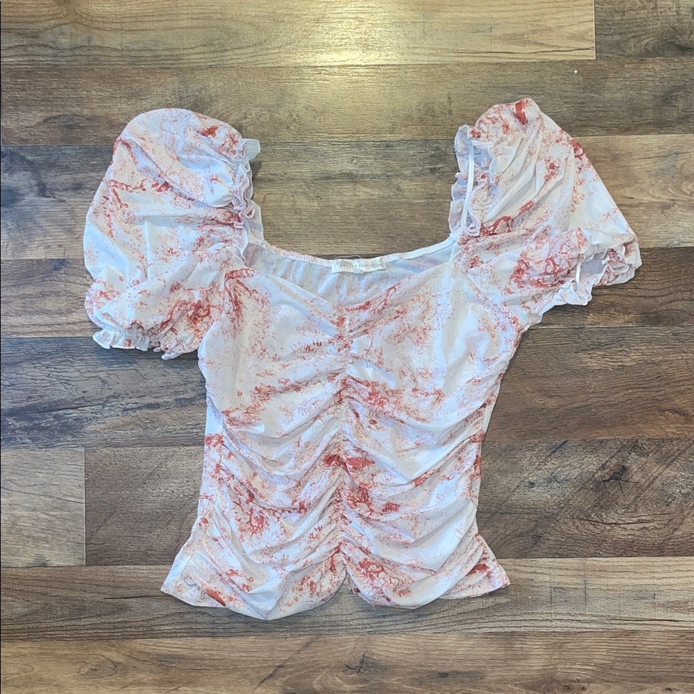 See the Shades mesh Puff Sleeve Ruched Top - Orange and cream Marble size M